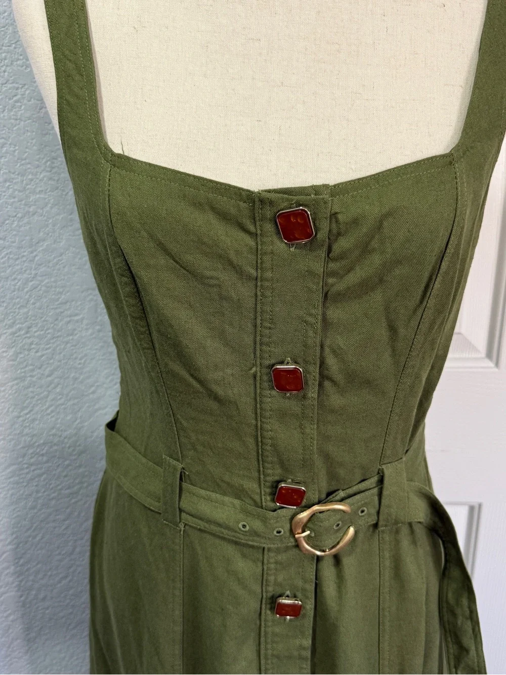 Taylor Olive Green Linen Midi Dress Belted Size 8 Coastal Resort Minimalist - Picture 3 of 14